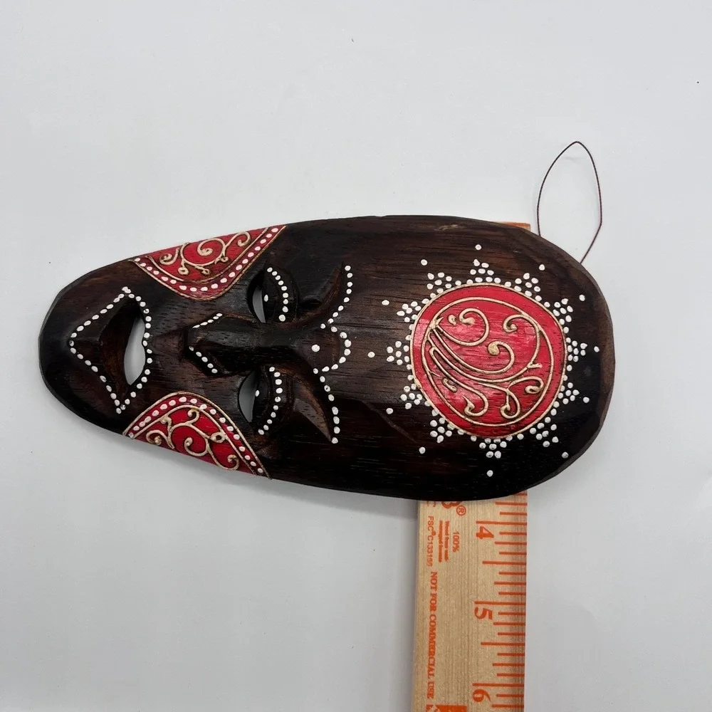 Tiki Mask Hand Carved & Painted Wood Brown Red White Dot Tribal Indonesia Art